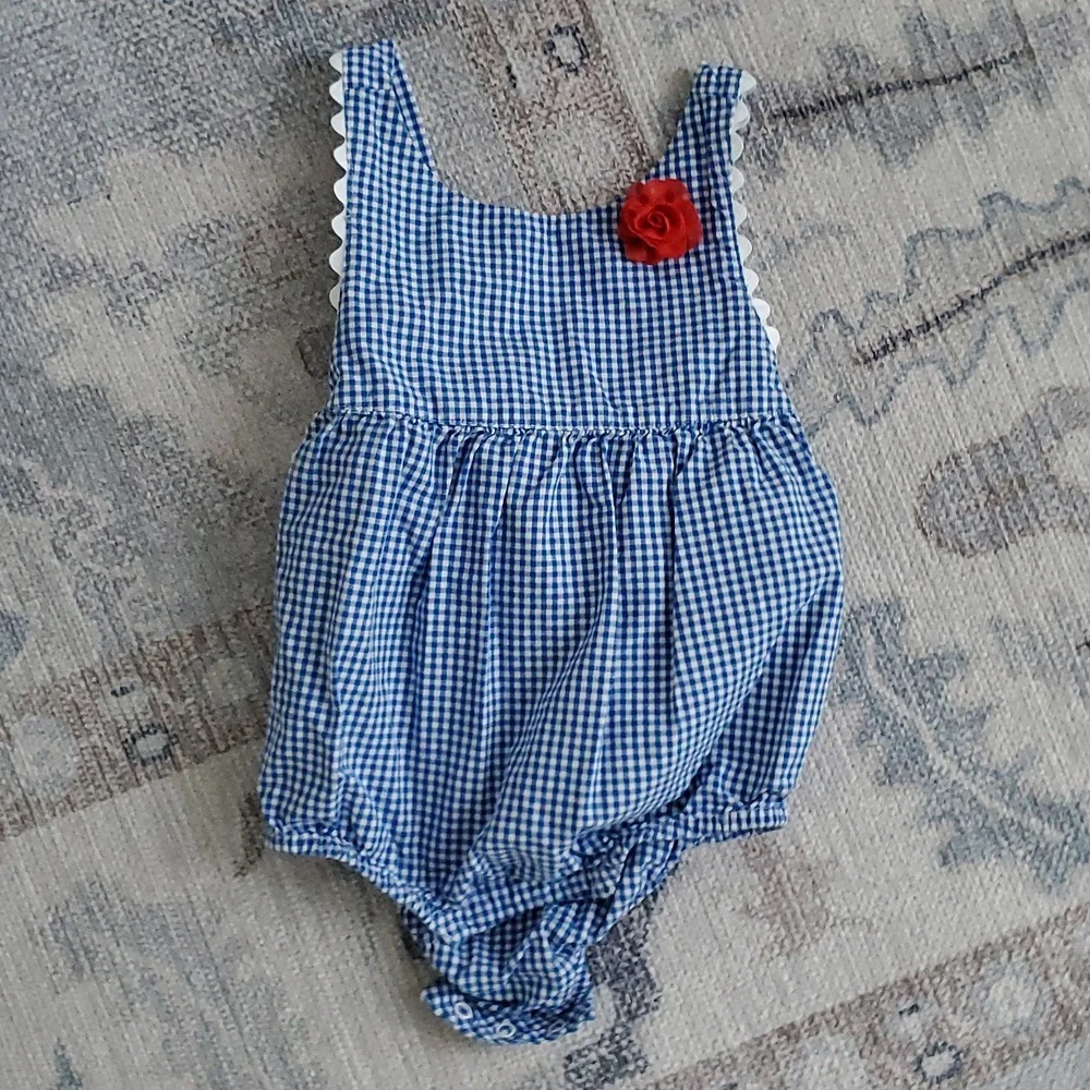Gymboree Baby Girls Blue White Ginham Ric Rac Flower Sunsuit Romper Sz12-18m